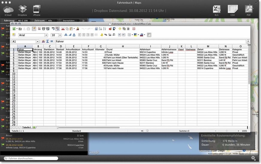 Fahrtenbuch Maps 1 Click CSV Export
