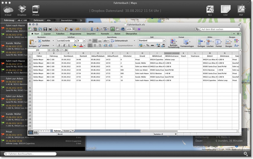 Fahrtenbuch Maps 1 Click Excel Export